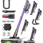 Powerffy Akku Staubsauger 600W, 45kPa, 60 Min – Kabellos, HD-Display, 1,8L Staubbehaelter, Anti-Tangle-Buerste mit LED-Licht, Lila