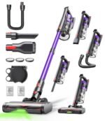 Powerffy Akku Staubsauger 600W, 45kPa, 60 Min – Kabellos, HD-Display, 1,8L Staubbehaelter, Anti-Tangle-Buerste mit LED-Licht, Lila
