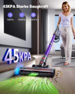 Powerffy Akku Staubsauger 600W, 45kPa, 60 Min – Kabellos, HD-Display, 1,8L Staubbehaelter, Anti-Tangle-Buerste mit LED-Licht, Lila – Bild 3